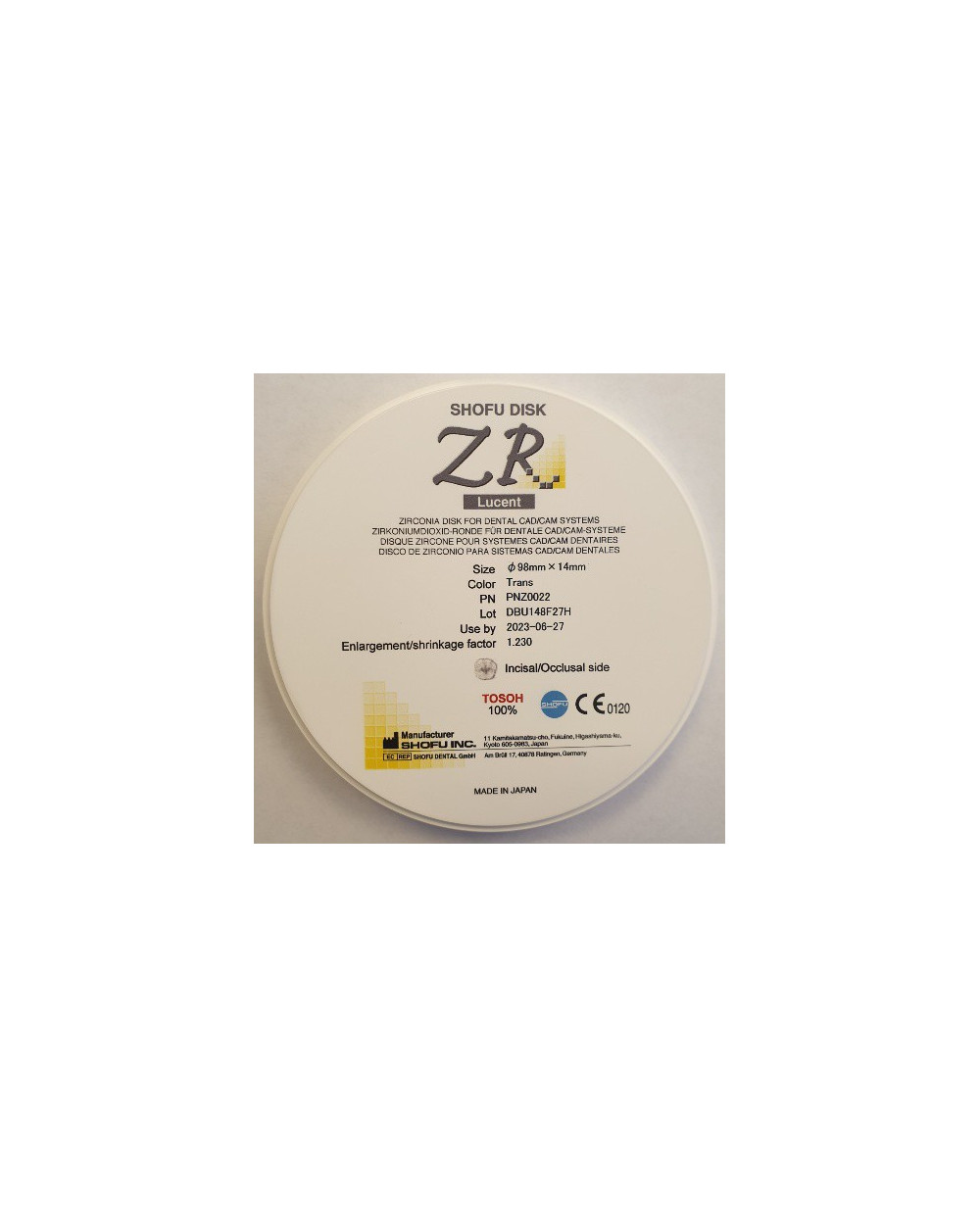 Z0022 SHOFU DISK ZR LUCENT 14MM TRANS