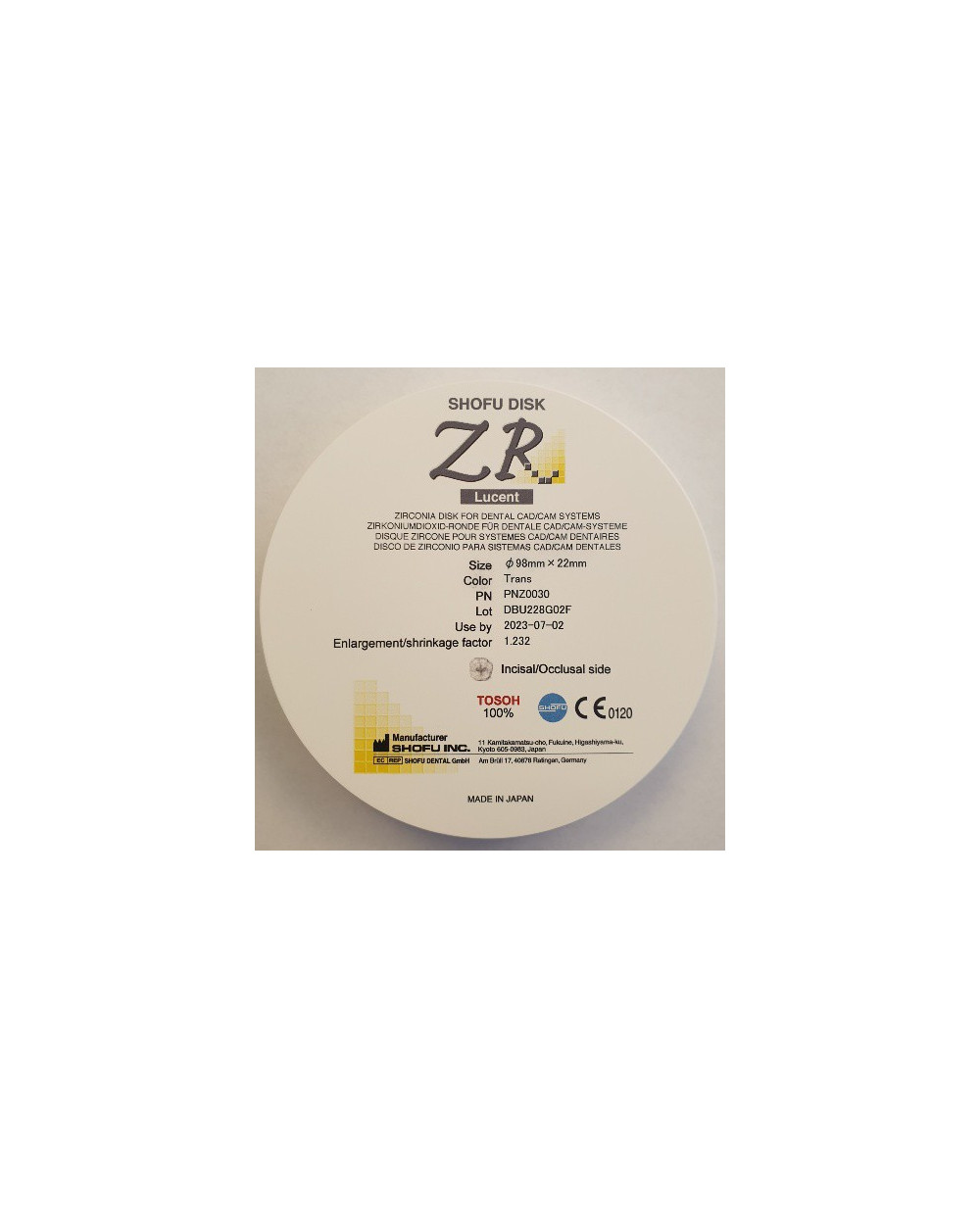 Z0030 SHOFU DISK ZR LUCENT 22MM TRANS