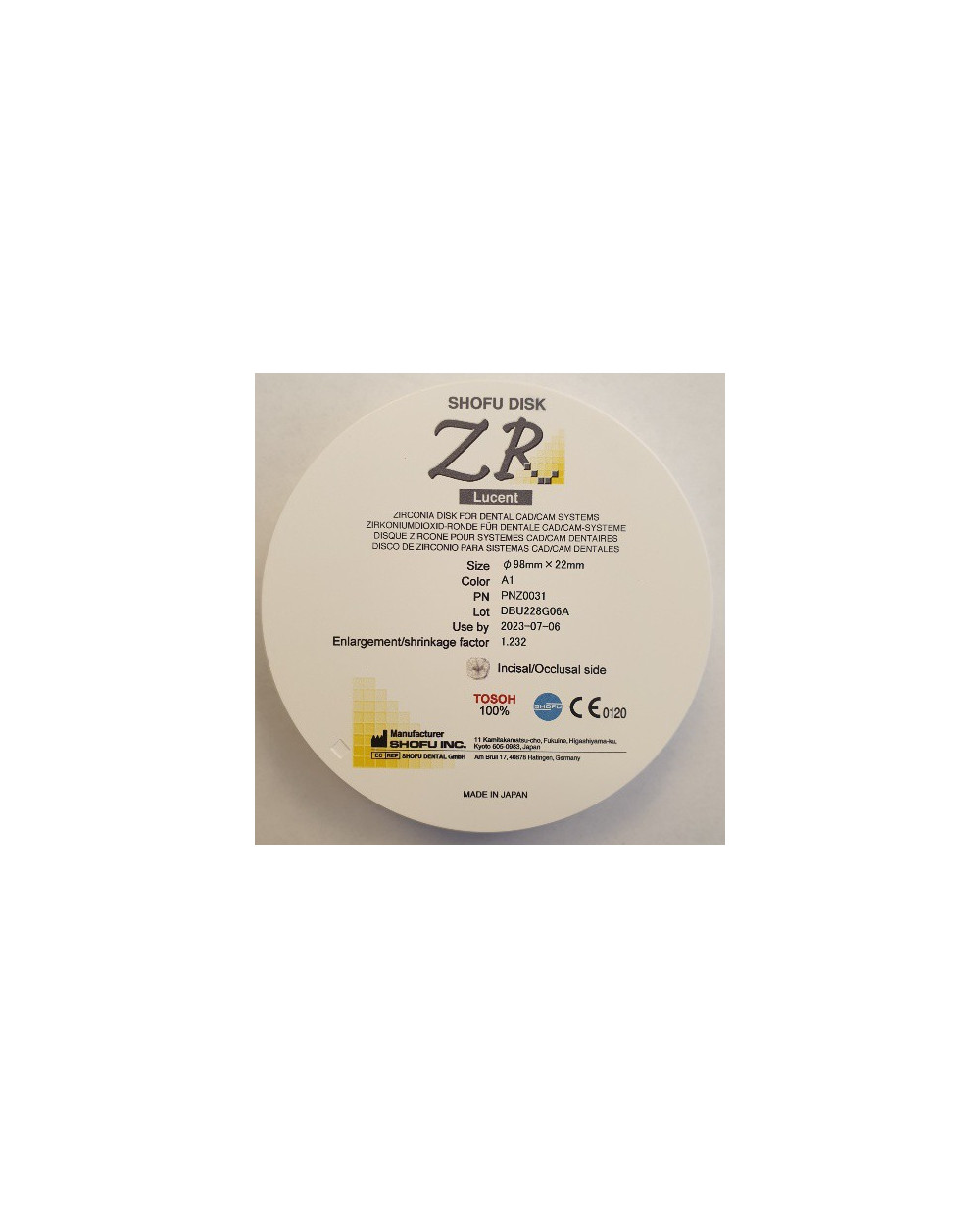 Z0031 SHOFU DISK ZR LUCENT 22MM A1
