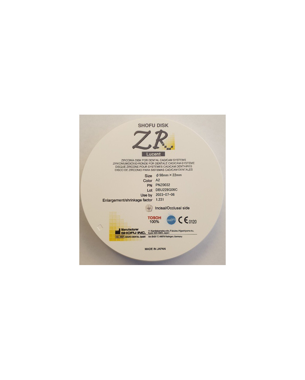 Z0032 SHOFU DISK ZR LUCENT 22MM A2